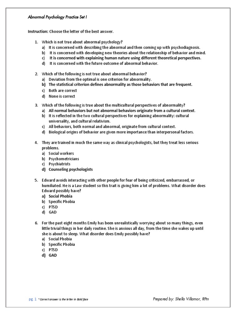 Abnormal Psychology Drills Part 1 PDF Anxiety Disorder