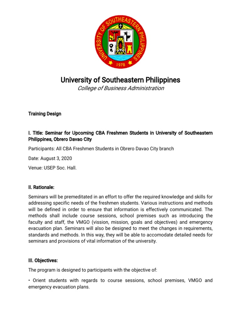 CBA Freshmen Seminar at USEP Davao | PDF
