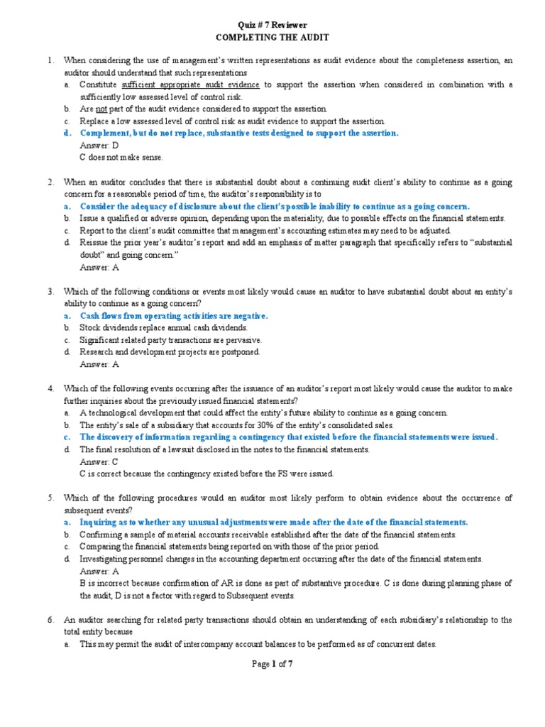 Q7 Reviewer (Completing The Audit) | PDF | Going Concern | Auditor's Report