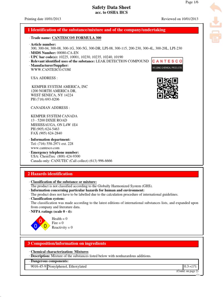 CANTESCO (MSDS) SDS LEAK DETECTION COMPOUNDFormula 300 Expires 1610