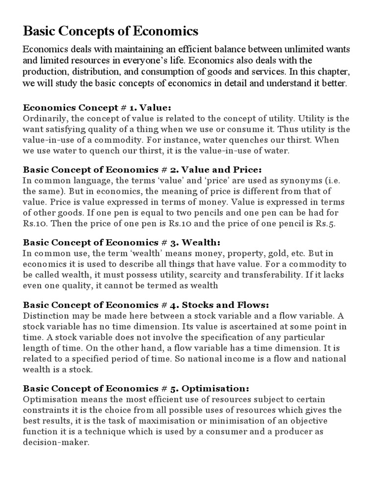 Basic Concepts of Economics | PDF | Demand | Utility