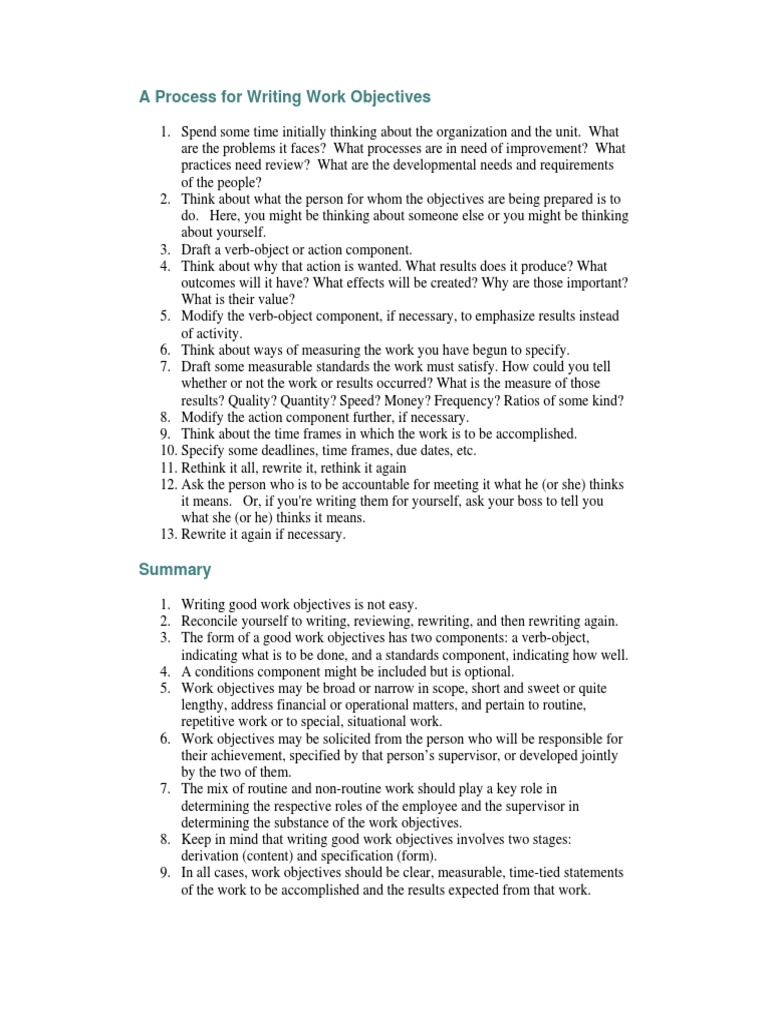 A Process For Writing Work Objectives PDF | PDF | Goal Setting | Leadership