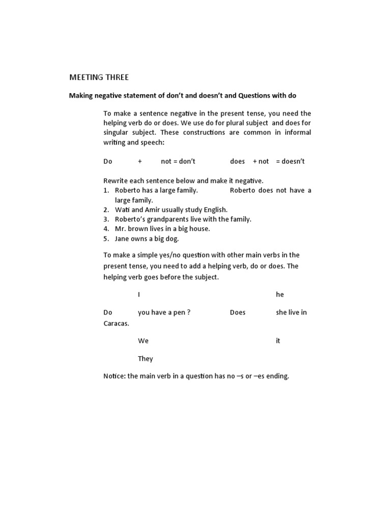Meeting Three: Making Negative Statement of Don't and Doesn't and ...