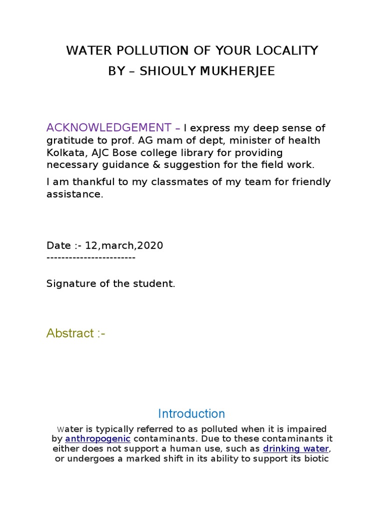 Water Pollution of Your Locality PDF Water Pollution Groundwater