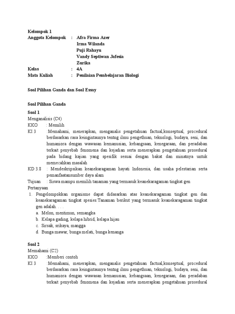 File 2 Soal Pilihan Ganda Dan Soal Essay Kelompok 1 Docx