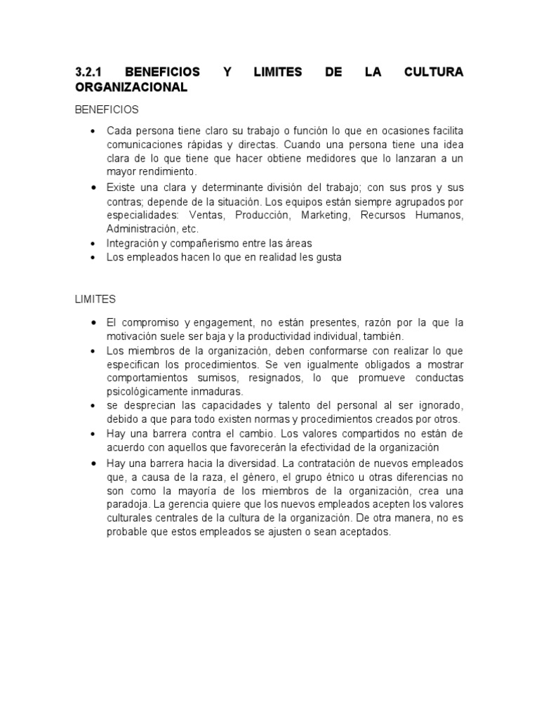 Beneficios y límites de la cultura organizacional | PDF | Crecimiento ...
