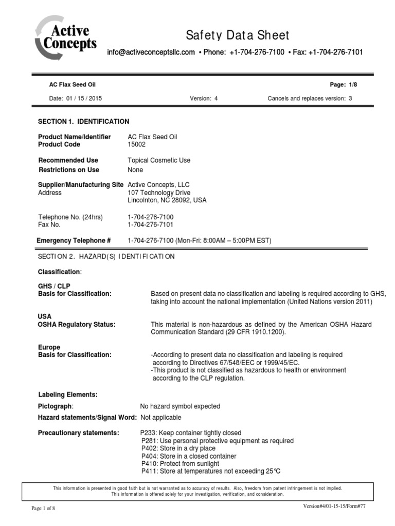 Safety Data Sheet AC Flax Seed Oil Page 1/8 PDF Dangerous Goods Toxicity