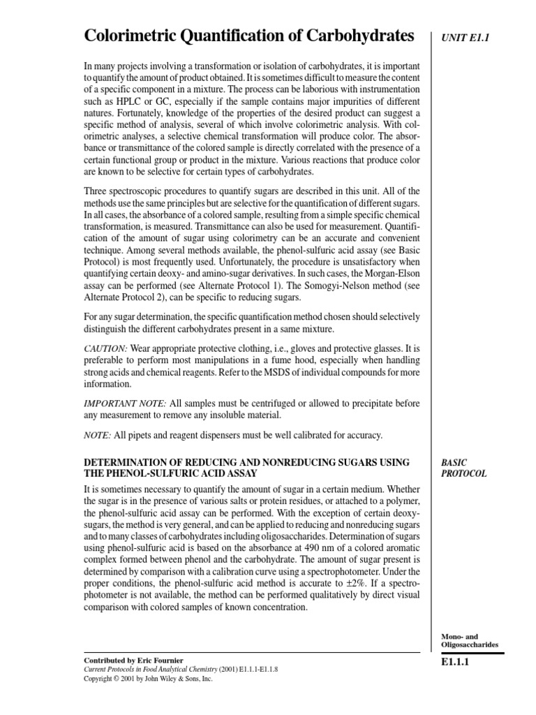 Colorimetric Quantification of Carbohydrates PDF | PDF ...