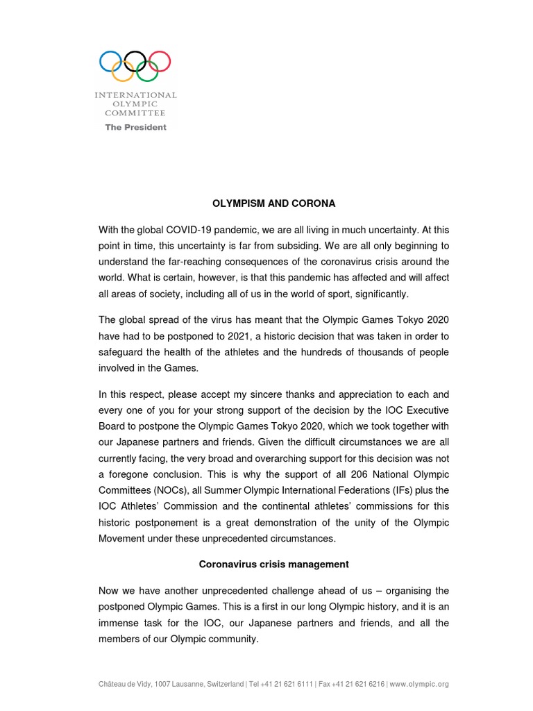 Olympism's Response to COVID-19 Crisis | PDF | Olympic Games | Sports