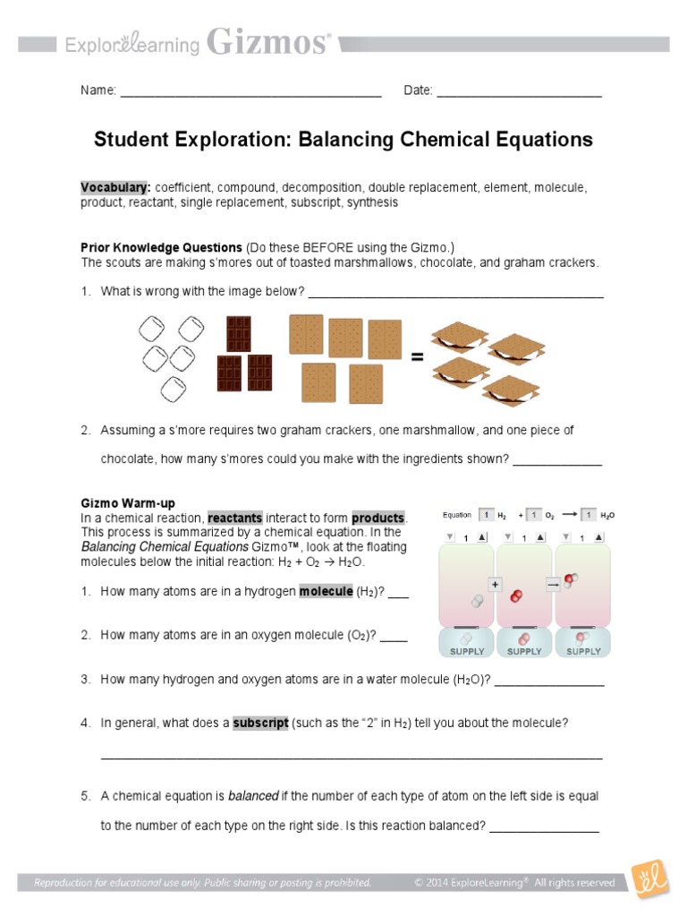 Balancing Chemical Equations Gizmo 6 Molecules Chemical Compounds