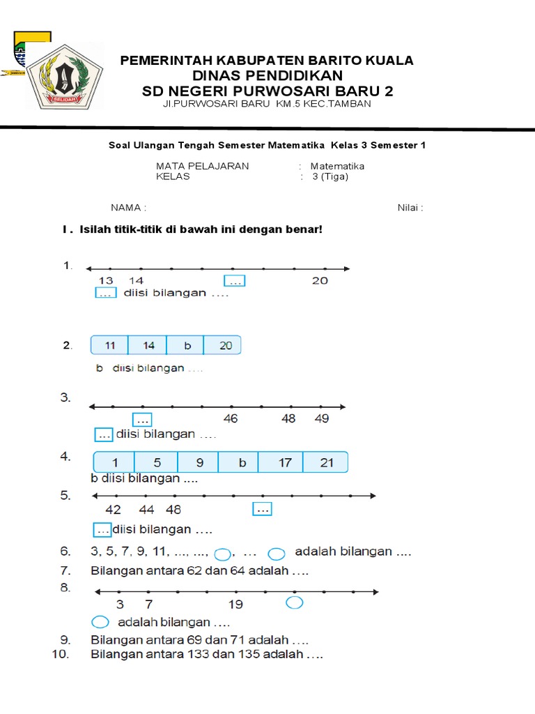 Soal UTS Matematika Kelas 3 Semester 1 | PDF