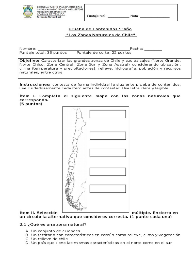 Prueba Zonas Naturales de Chile 5° Básico | PDF | Chile | Ciencias de ...