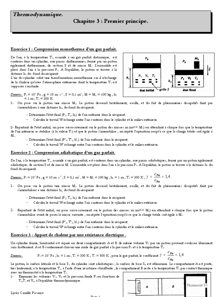 Exercices sur le Premier Principe de Thermodynamique | PDF | Enthalpie ...