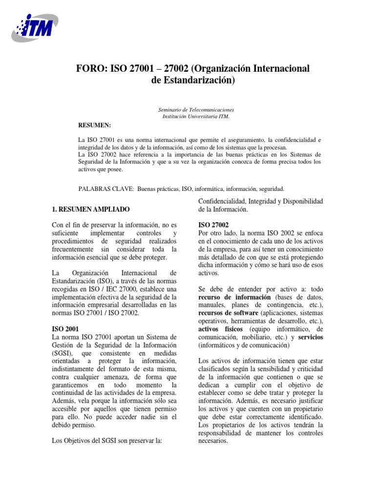 Implementación de ISO 27001 y 27002 | PDF | Organización internacional ...