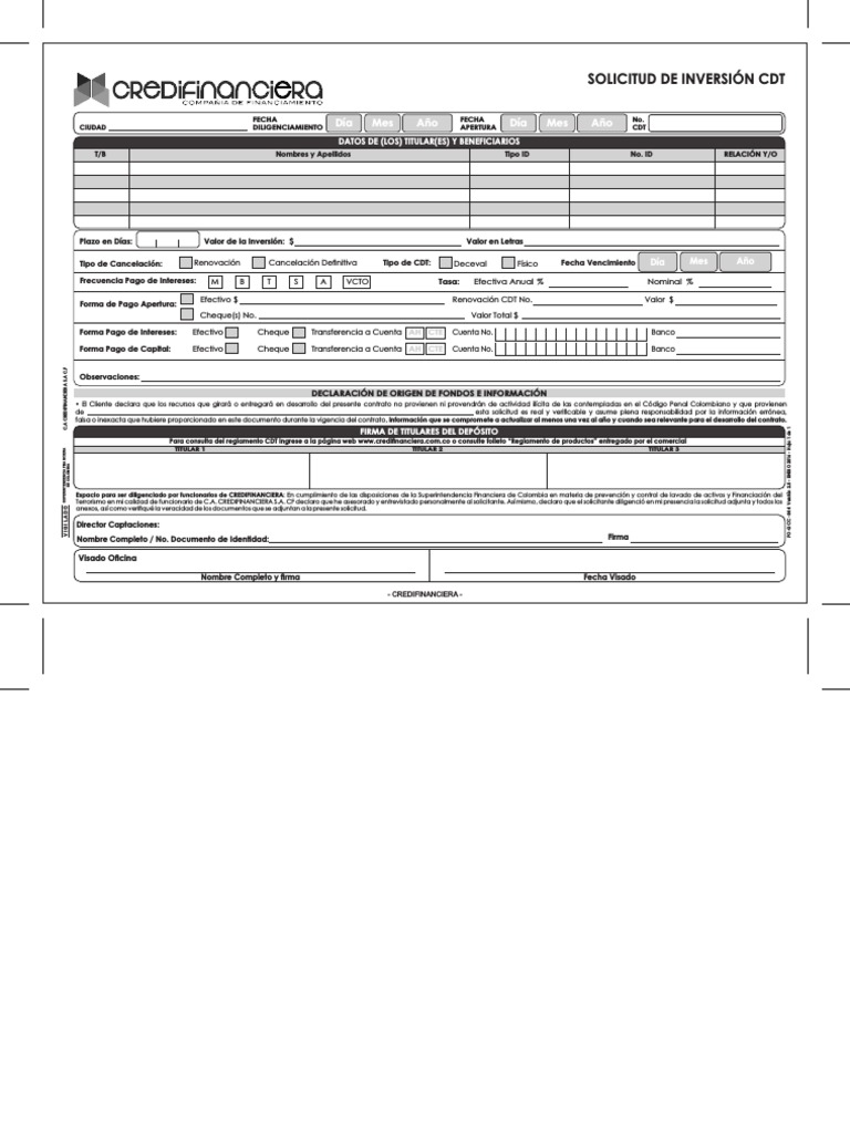 Solicitud de Inversión CDT | PDF | Cheque | Bancos