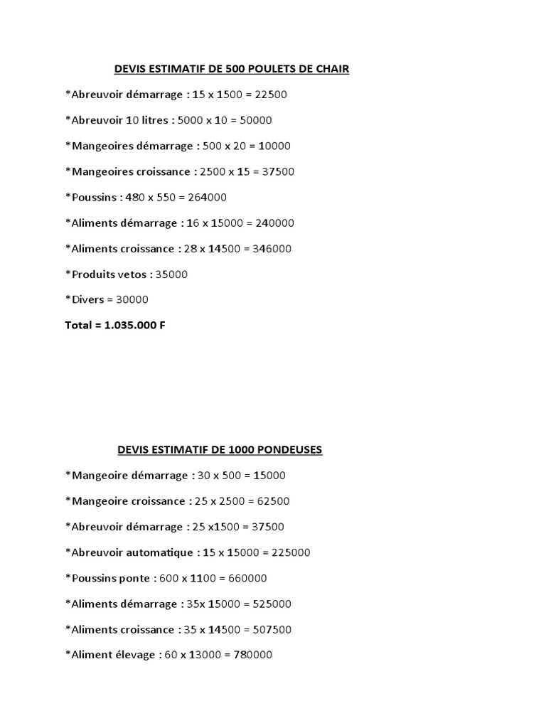 Projet Elevage Poulet De Chair Cameroun Pdf Devis Estimatif de 500 Poulets de Chair | PDF