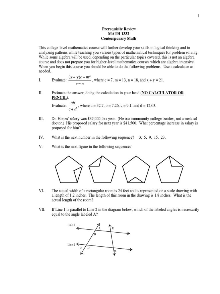 MATH 1332 Contemporary Mathematics Prerequisite Review | Download Free ...