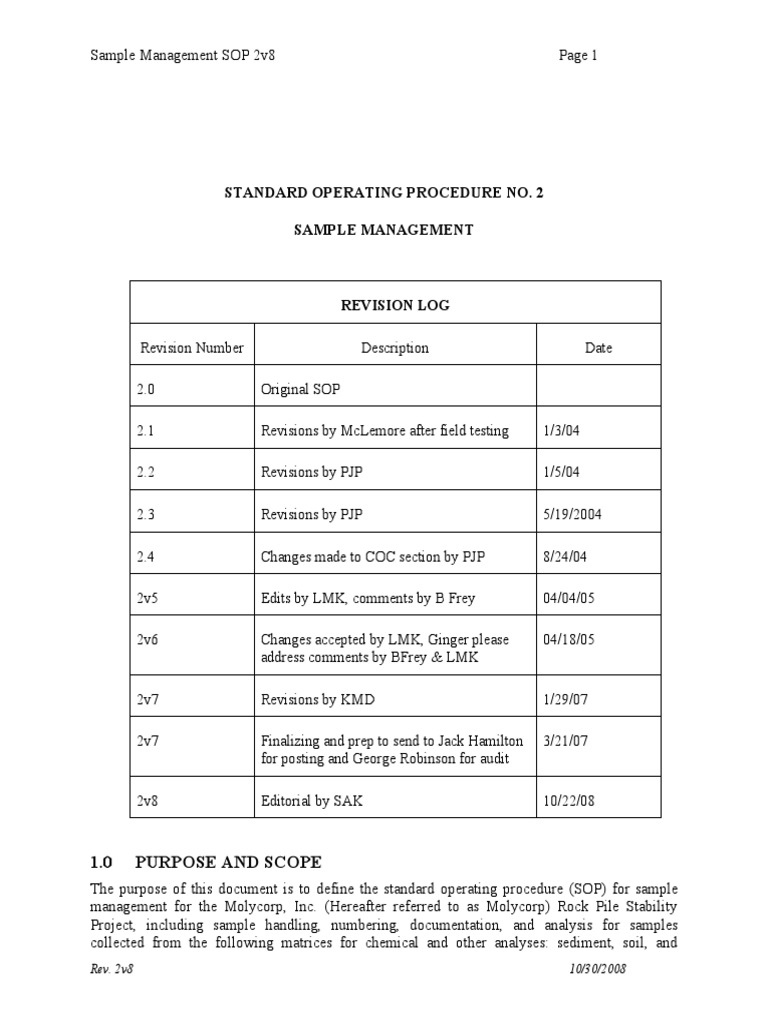 Standard Operating Procedure No. 2 Sample Management 1.0 Purpose and