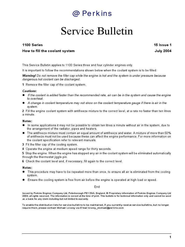 Filling Coolant for 1100 Series Engines | PDF | Engines | Building ...