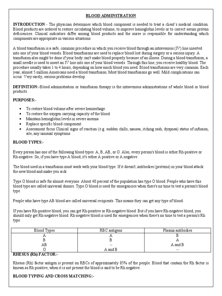 Blood Transfusion Administration Guide | PDF | Blood Type | Blood ...