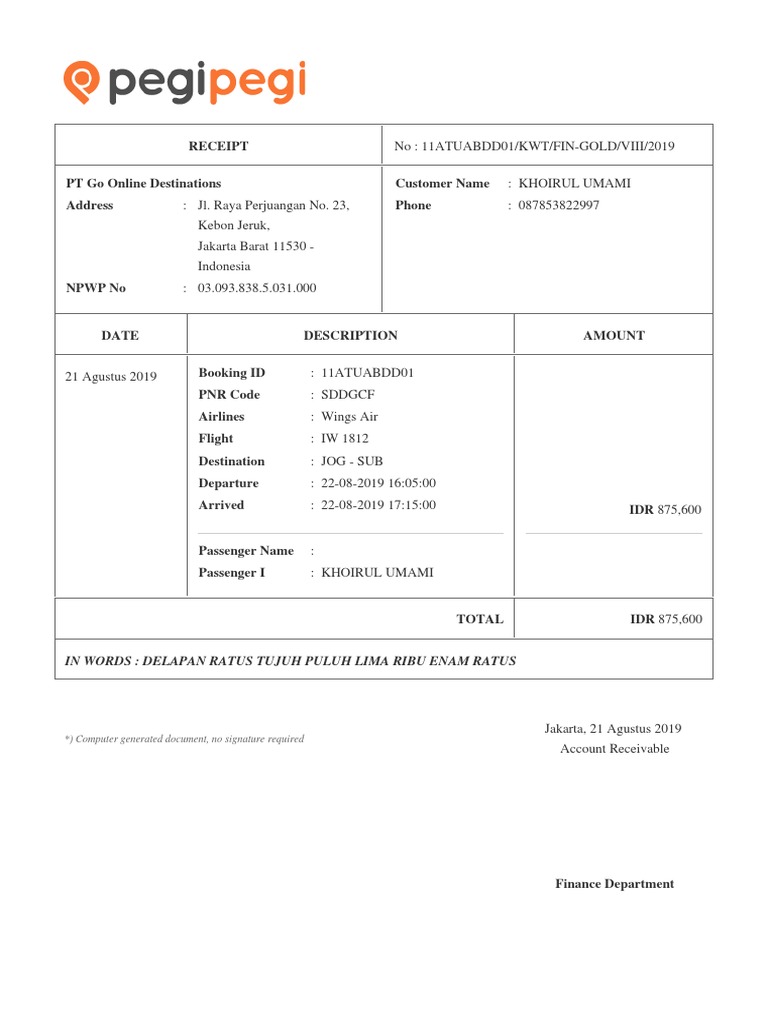 Flight Receipt for Khoirul Umami | PDF
