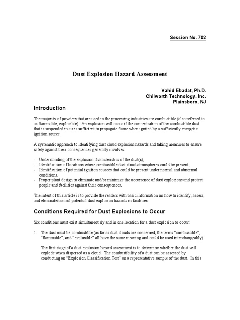 Dust Explosion Hazard Assessment PDF Combustion Electrostatic Discharge