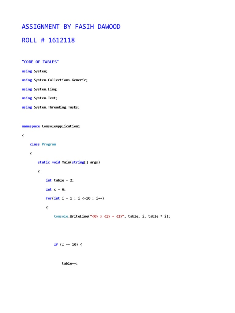 Generating Multiplication Tables Using Loops in C# | PDF image.