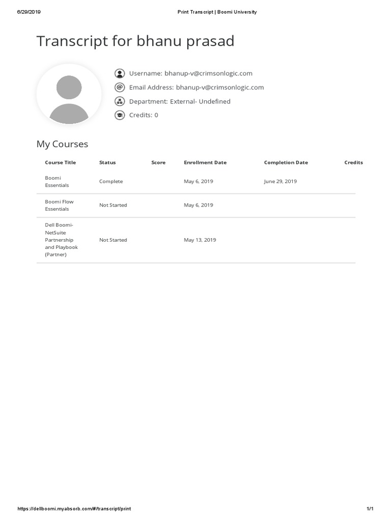 Boomi University Transcript for Bhanu Prasad | PDF | Career & Growth ...