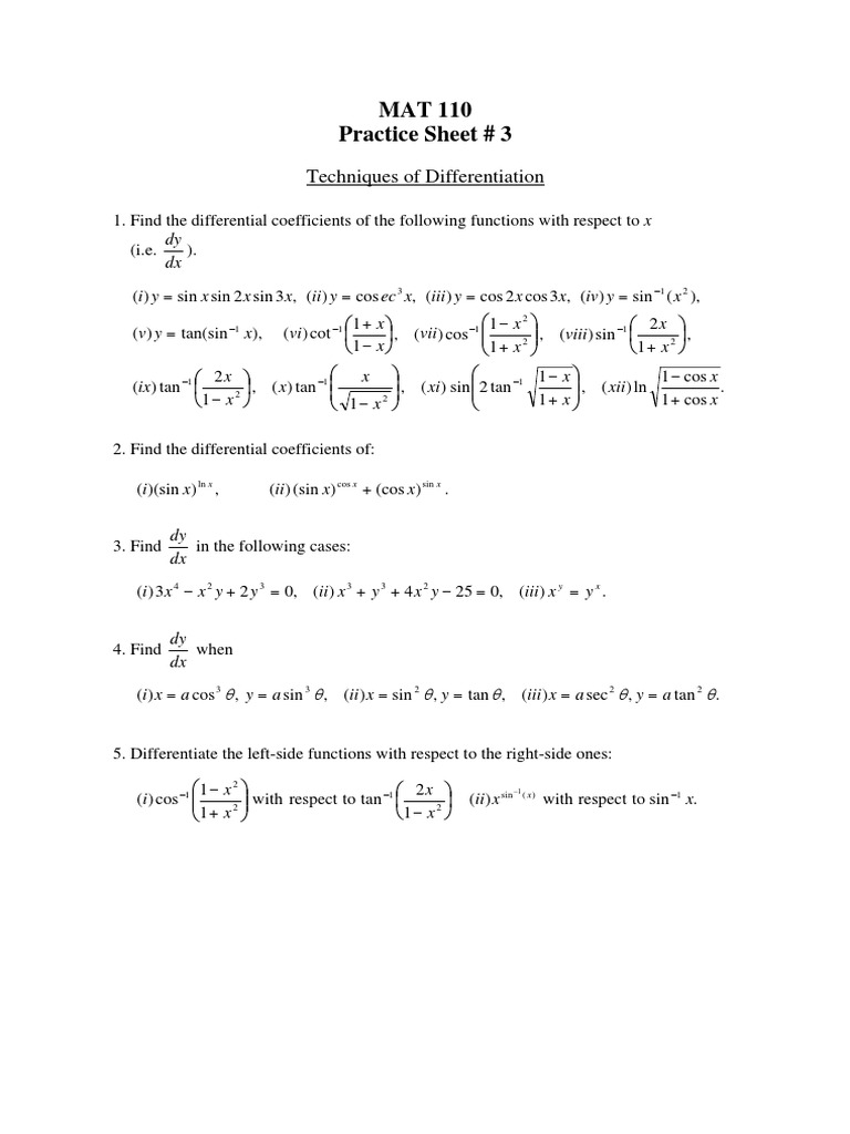 Techniques of Differentiation Practice | PDF | Trigonometric Functions ...
