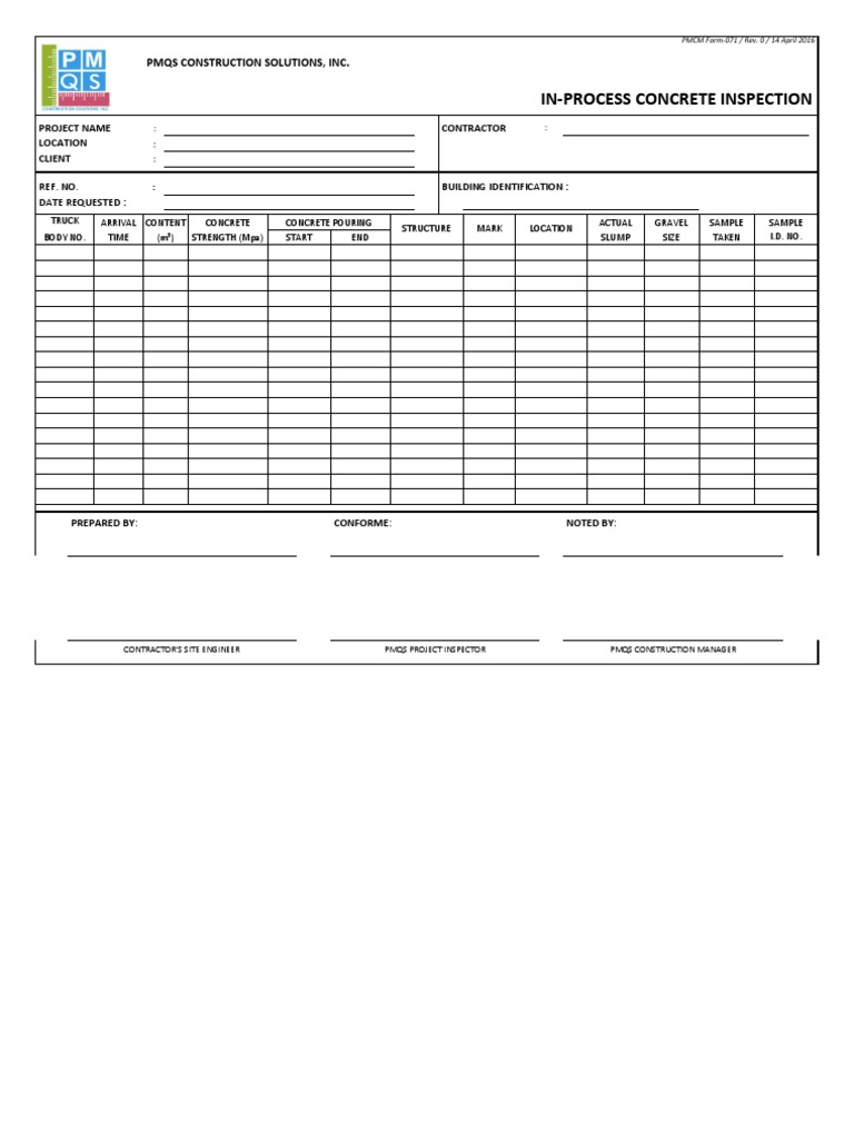 PMCM Form-071 In-Process Concrete Inspection | PDF | Technology ...