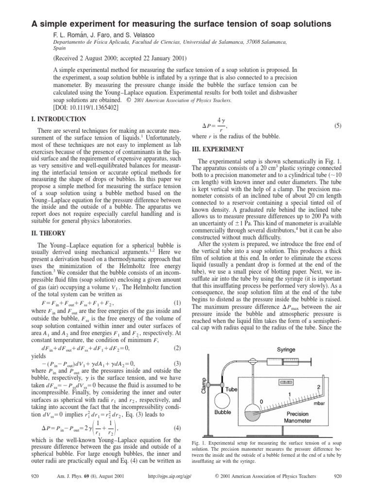 A Simple Experiment For Measuring The Surface Tension of Soap Solutions PDF Surface Tension