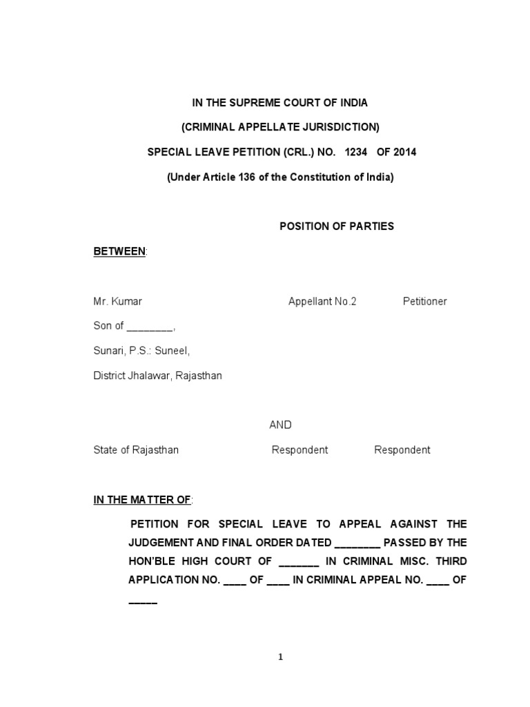 Criminal SLP Format for Supreme Court | PDF | Witness | Judgment (Law)