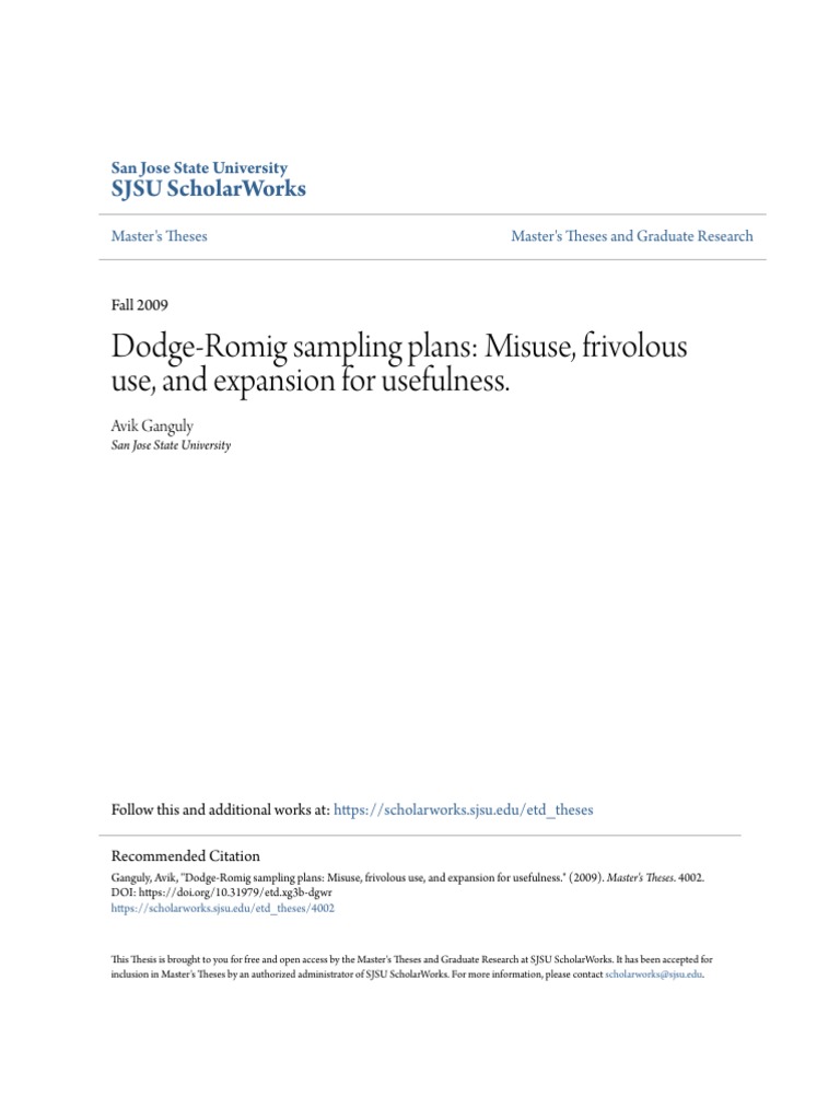 Dodge-Romig Sampling Plans - Misuse Frivolous Use and Expansion PDF ...
