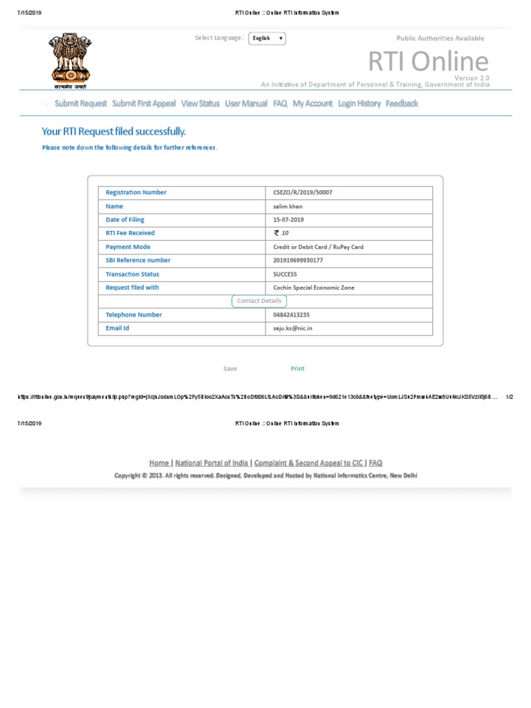 RTI Online: Your RTI Request Filed Successfully | PDF | Computing And ...