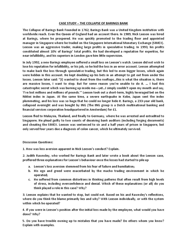 Case Study The Collapse of Barings Bank PDF Economies Business