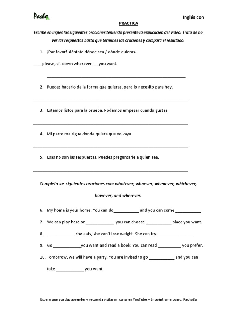 Practica de Whatever - Whoever - Whenever - Whichever - However ...