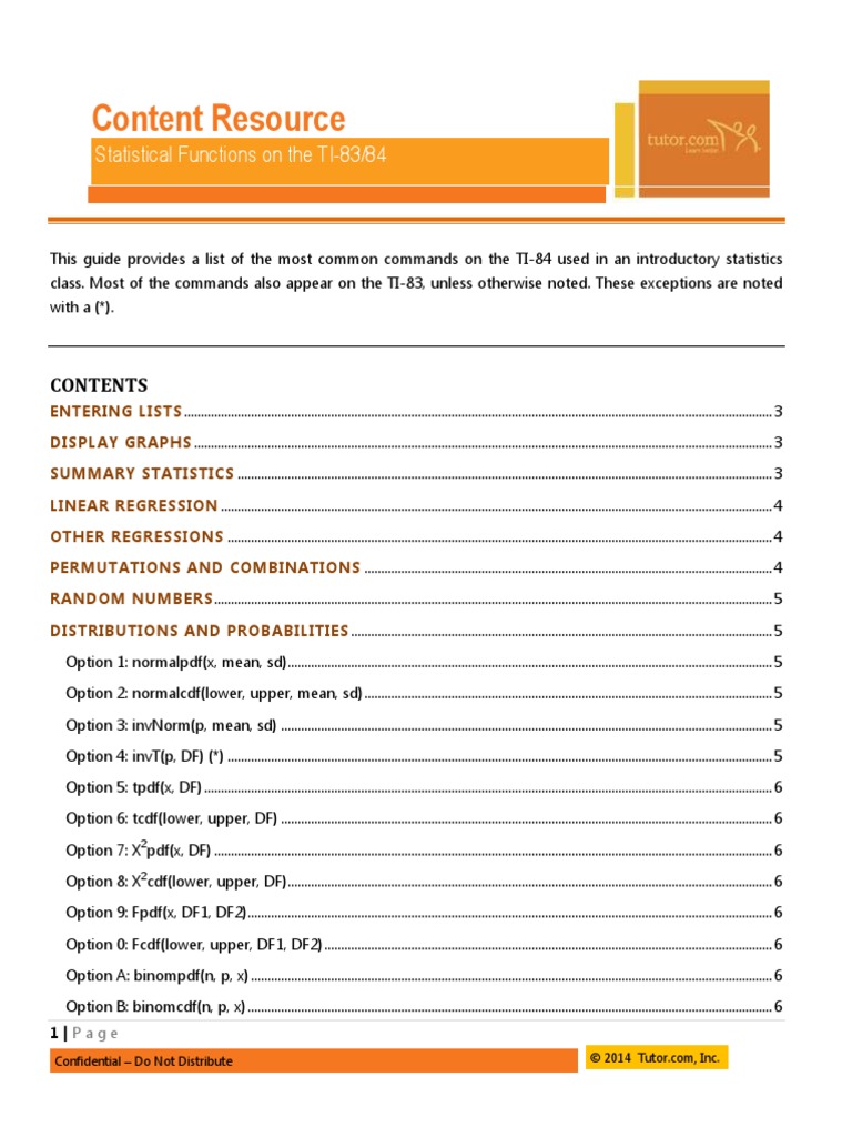 Content Resource Statistical Functions On The Ti 83 84 Pdf Sample