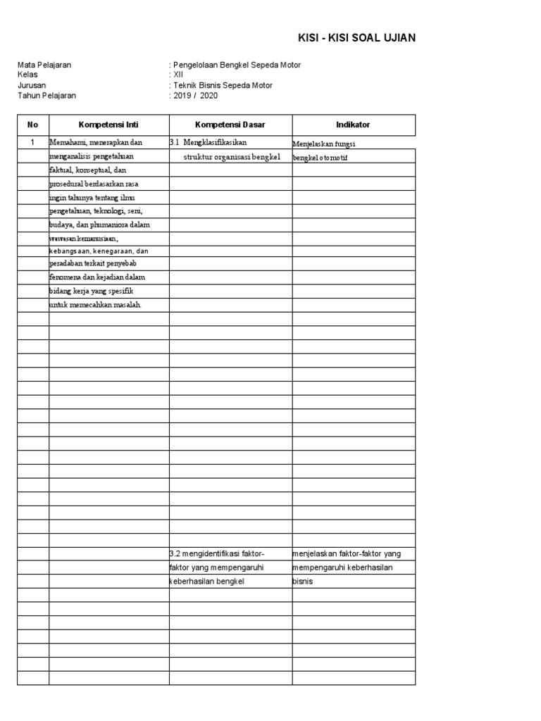 Kisi - Kisi Soal Pengelolaan Bengkel Sepeda Motor | PDF