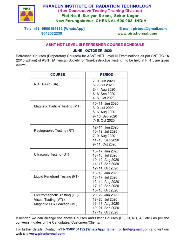 PIRTASNTLevel IIIRefresher CourseScheduleJunOct 20a PDF