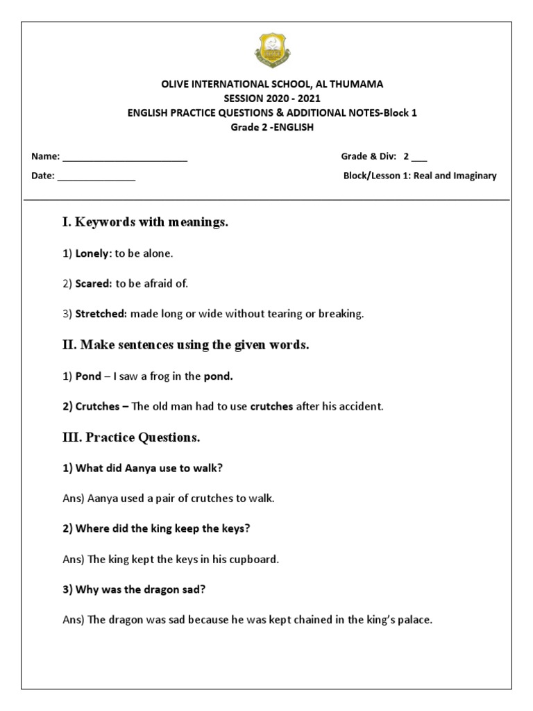 Eng Block 1-Practice Questions &additional Notes | PDF
