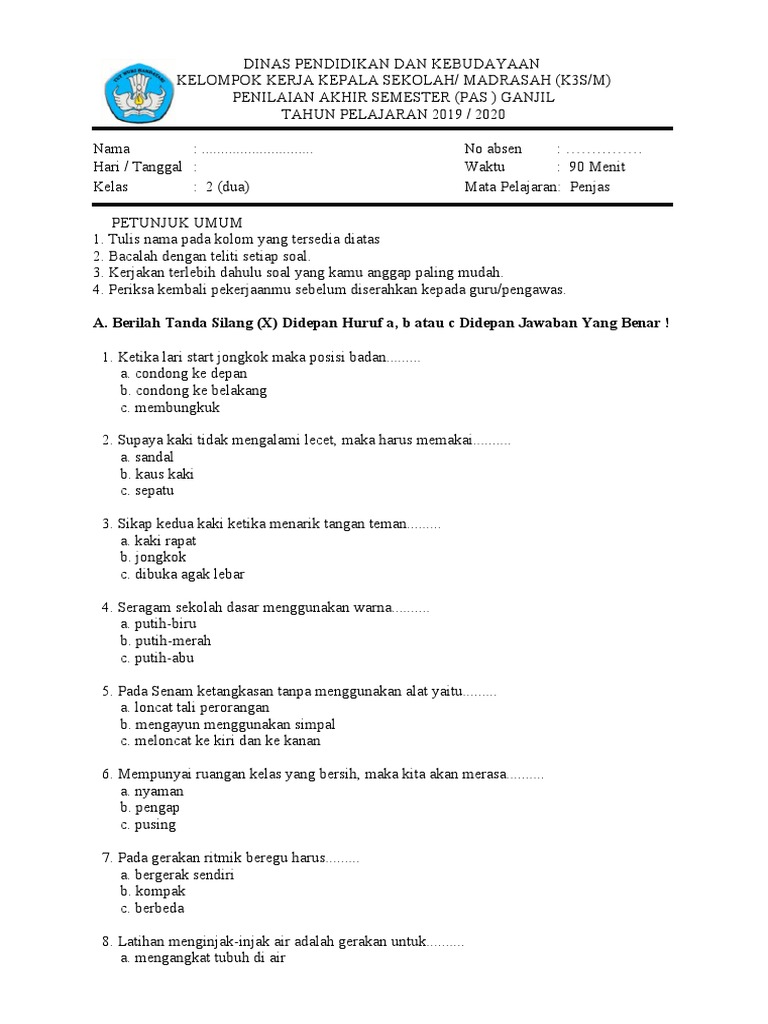 Contoh Soal Ukk Penjaskes Kelas 2 Sd Mi Dan Kunci Jawaban Pdf