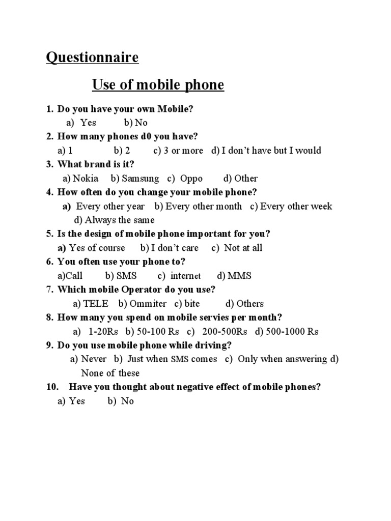 Questionnaire Use of Mobile Phone PDF