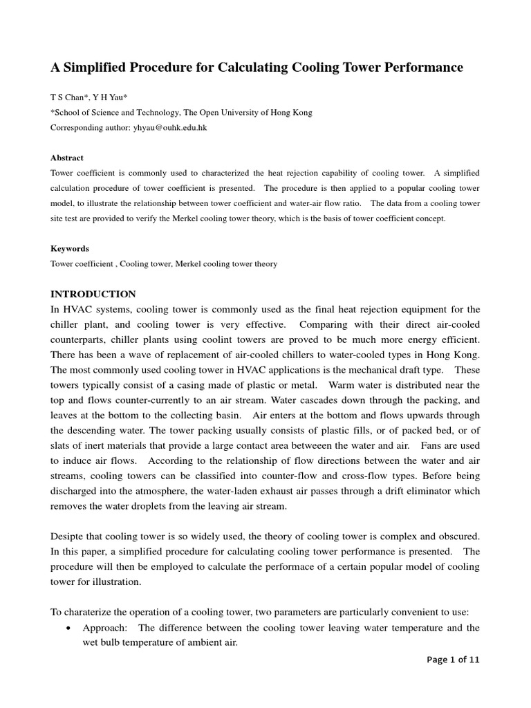 Simplified Cooling Tower Performance Calculation | PDF | Enthalpy | Heat