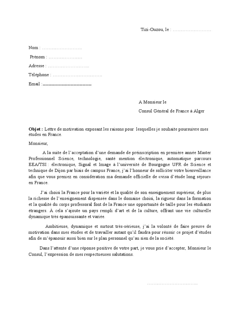 Lettre explicative pour visa étudiant France | PDF | Études des langues ...