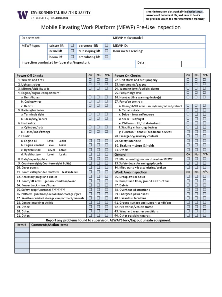 MEWP Pre-Use Inspection Checklist | PDF | Elevator | Vehicles