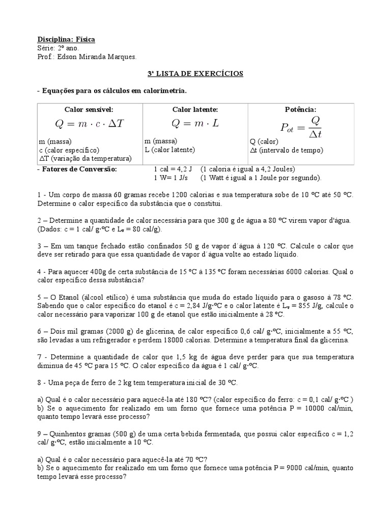 Terceira Lista de Física - 2º Ano | PDF | Calorimetria | Calor latente