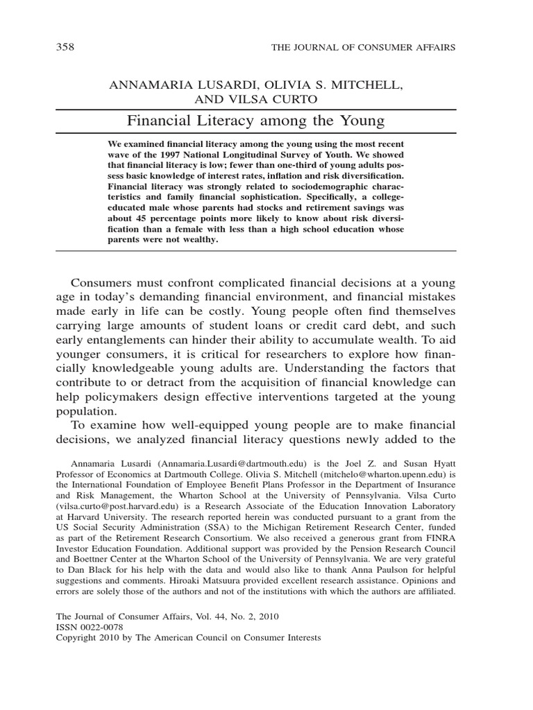 Financial Literacy Among The Young | PDF | Financial Literacy ...