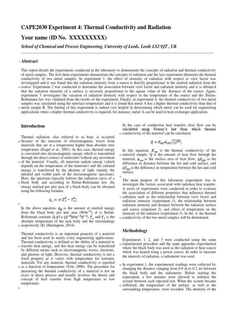 CAPE2030 Experiment 4: Thermal Conductivity | PDF | Heat Transfer ...