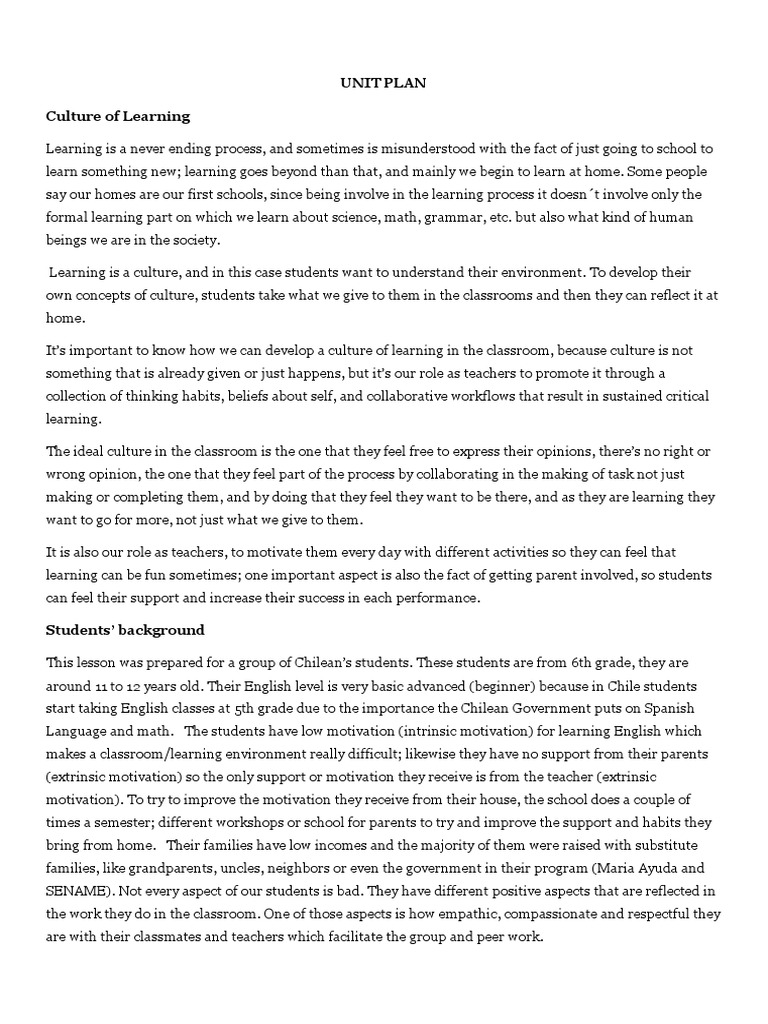 Culture of Learning Unit Plan for ESL | PDF | Motivation | Motivational