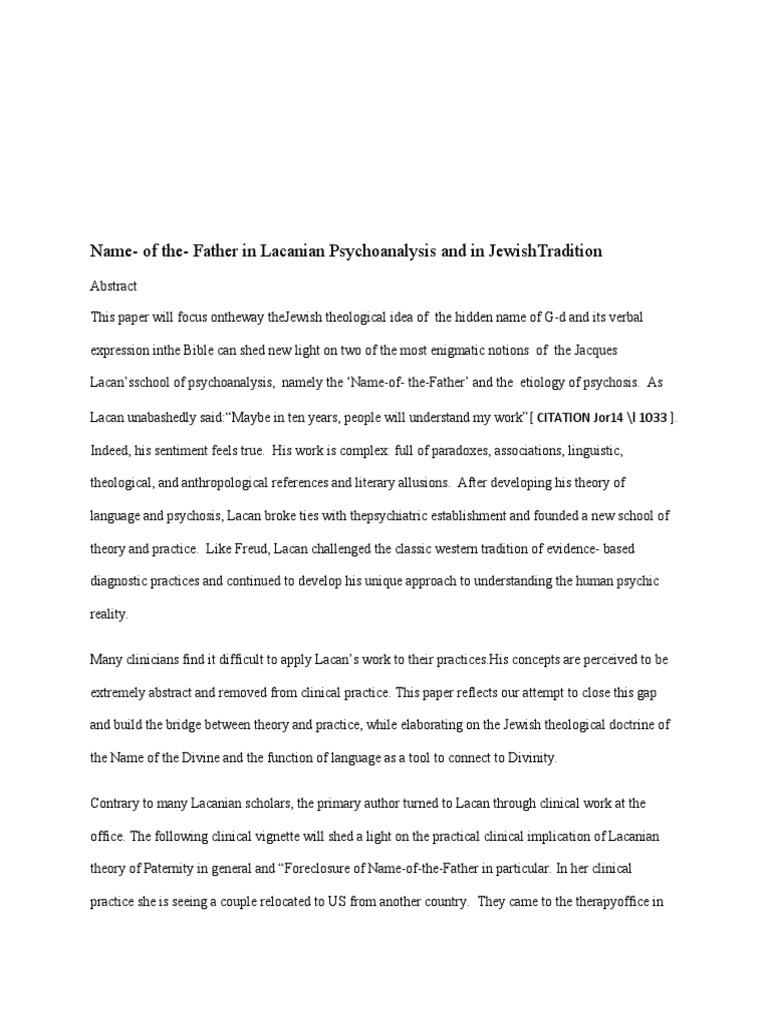 Name Of The Father In Lacanian Psychoanalysis And In Jewishtradition Jacques Lacan Names Of God In Judaism